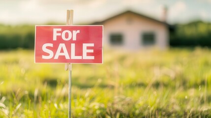 A vibrant 'For Sale' sign in front of a house, set against a beautiful grassy landscape under a bright sky.