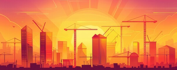 Fototapeta premium A vibrant sunset over a city skyline with construction cranes and buildings silhouetted against the colorful sky.