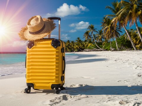 Ready for a Summer vacation. Yellow Suitcase at The Tropical Beach with Straw Hat. Summer vacation