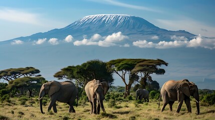 African Elephants at Sunset with Mountain in Background