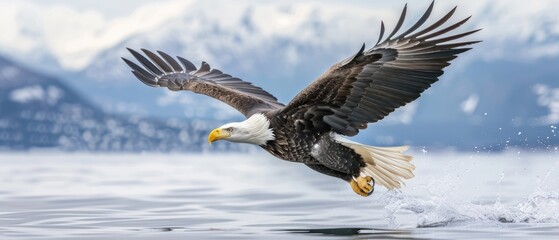 Bald eagle soaring over Alaska Bay near Homer