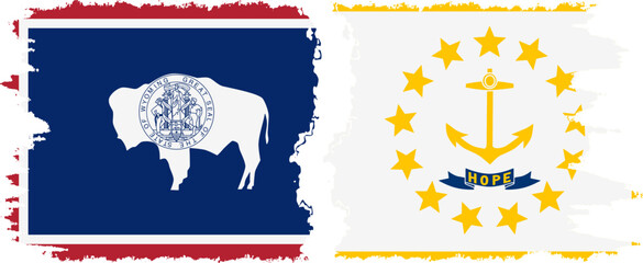 Rhode Island and Wyoming states grunge brush flags connection, vector