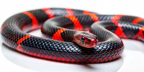 Fototapeta premium Black and red snake slithering in vibrant color combination , wildlife, reptile, pattern, exotic, dangerous, venomous, scales