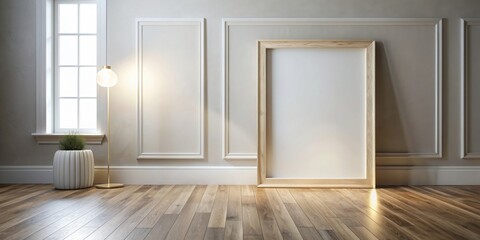 Simple, elegant room with wooden floor featuring a frame mockup with quartz light border, minimalist
