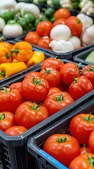 Fresh tomatoes and various vegetables on display at a market, emphasizing organic produce and local farming.