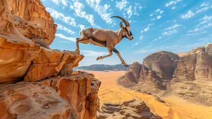 Arabian Tahr Leaping Across Wadi Rum