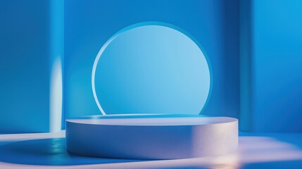 A blue room with a white pedestal in the center