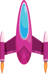 Cartoon spaceship flying with burning engines, space exploration program, futuristic spacecraft isolated on white background