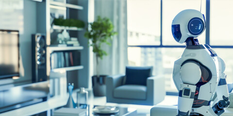 Humanoid robot in cozy modern living room, illustrating integration of robotics into everyday home life. Concept of smart homes, domestic automation, and technological innovation