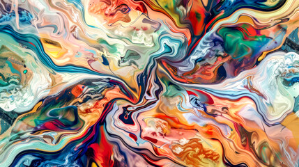 Colorful abstract swirl of vibrant hues, merging reds, blues, greens, and yellows, creating beautiful, dynamic and energetic backdrop. Concept of artistic creativity, fluidity, and visual impact