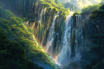 A majestic waterfall with a rainbow created by sunlight and mist.