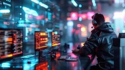 Call center night shift, neon red and green background, futuristic ambiance.