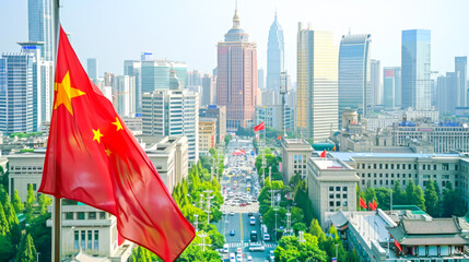 Chinese flag waving in front of modern skyscrapers in sunny cityscape, representing travel in China. Concept of national pride, urban development, modern city, cultural heritage, tourism. Copy space