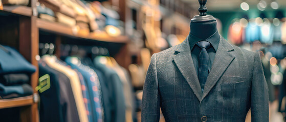 Obraz premium Men's suit jacket on mannequin in retail clothing store.Generative AI