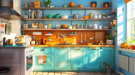 Modern Kitchen Interior Design with Teal Cabinets.