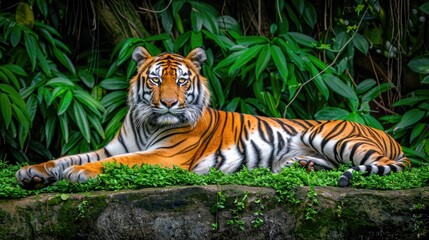 Obraz premium beautiful bengal tiger with lush green habitat background