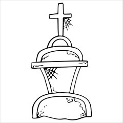 Cross, tombstone, monument, bury, rest in peace. Graphics clipart, doodle, black outline. Happy Halloween holiday.