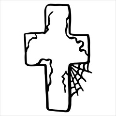 Cross, tombstone, monument, bury, rest in peace. Graphics clipart, doodle, black outline. Happy Halloween holiday.