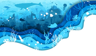 Paper cut underwater landscape with corals and reefs, seaweeds and sea animals. Manta ray, fish shoal, jellyfish, whale, and octopus silhouettes. 3d vector ocean depths scene inside of wavy frame © Vector Tradition