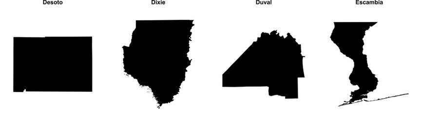 Desoto, Dixie, Duval, Escambia outline maps