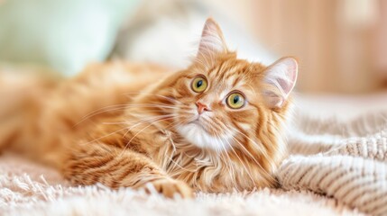 Fototapeta premium Portrait of a funny beautiful red fluffy cat with green eyes in the interior, pets