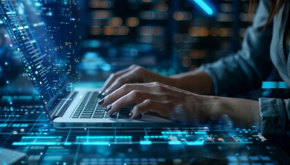 Woman working on a laptop with glowing digital code for your background business, poster, wallpaper, banner, backdrop, greeting cards, and advertising for business entities or brands.