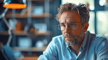 Obraz premium Thoughtful businessman think of online project looking at laptop at workplace.Generative AI