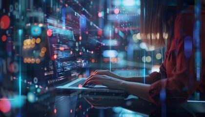 Woman Working on Laptop with Data Visualization for your background business, poster, wallpaper, banner, backdrop, greeting cards, and advertising for business entities or brands.