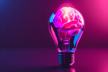 Neon Blue Brain Light Bulb on Pink Background Symbolizing Creativity Technology and Bright Ideas in an Artistic Context