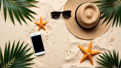 Top view Smart phone, Hat, sunglass, starfish, and tropical palm tree leaves on sand background