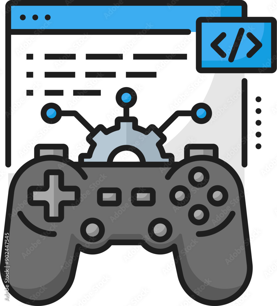 Poster game developer job, it specialist career, web development vacancy outline color icon. game software 