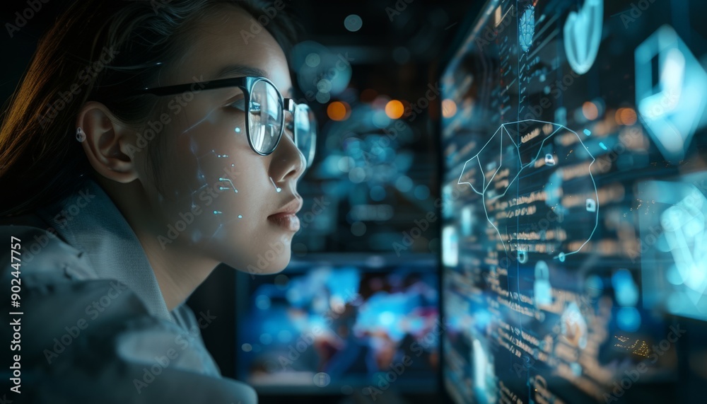 Poster cybersecurity professional analyzing data on computer screen