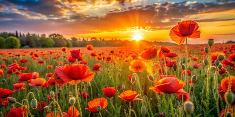 Fototapeta premium Vibrant poppy field illuminated by the warm glow of sunset , poppies, red flowers, field, nature, sunset, landscape, colorful