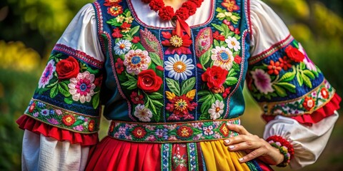 Polish woman's folk costume with vibrant floral embroidery displayed , Polish, woman, folk costume, colorful, embroidery