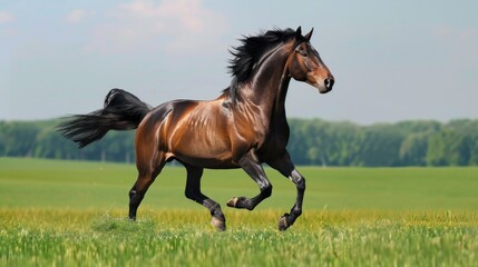 Obraz premium Bay horse in motion on on green grass