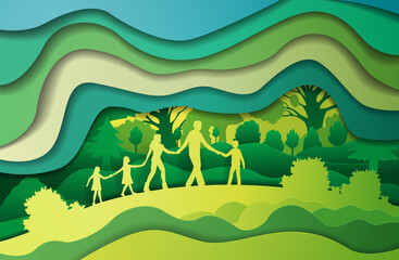 Family walking in nature green landscape paper cut style
