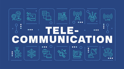 Fototapeta premium Telecommunication dark blue word concept. Signal transmission. Radio and internet. Horizontal vector image. Headline text surrounded by editable outline icons. Hubot Sans font used