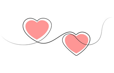 Two Hearts Continuous One Line Drawing. Valentines day concept, One continuous drawing of heart shape love sign. outline and romantic symbol, Heart background valentine day design, one line vector