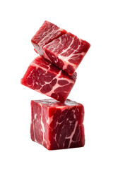 Falling meat, beef, cube, isolated on transparent background, clipping path, full depth of field
