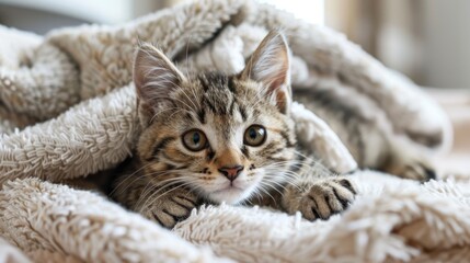 Kitten lying on towels