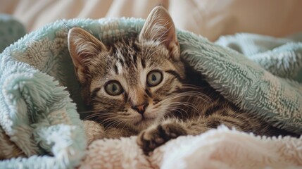 Kitten lying on towels