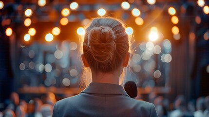 A woman speaks passionately on stage about women's rights and feminism, advocating for equality and empowerment. This image is ideal for promoting themes of activism, leadership, and social change.
