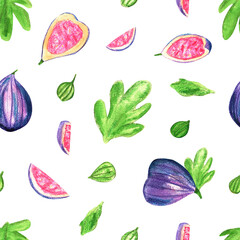 Seamless isolate pattern with figs. Tropical cut fruit. Hand-drawn watercolor illustration. Design for cards, Wallpaper, fabric.