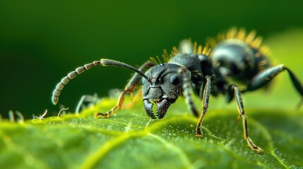 A black ant resting on green leaf