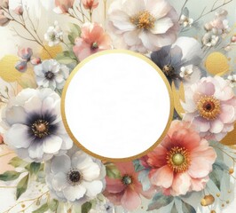 Elegant floral arrangement with soft pastel colors and a blank circular space for customized text.