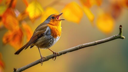 Robin (Erithacus rubecula) singing on branch. Bird in family Turdidae, with beak open in profile, making evening song