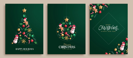 Christmas greetings green card vector poster set. Merry christmas, happy holidays and new year card collection with xmas decoration elements in green elegant background. Vector illustration holiday  © AmazeinDesign