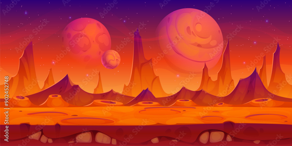 Poster space red planet surface, mars desert and mountains landscape with craters under a starry night sky.