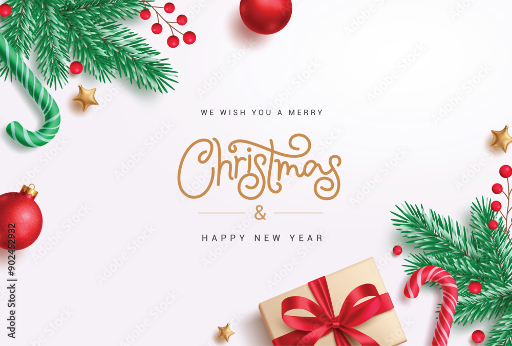 Wall mural christmas greeting card vector template design. merry christmas and happy new year greeting text wit