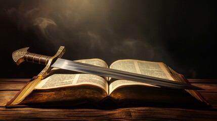 Sword placed on open book with dramatic lighting